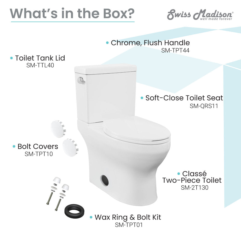 Elongated two-piece toilet with left side chrome flush handle and soft-close white seat.