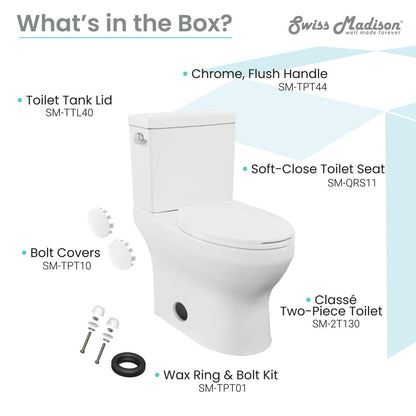 Elongated two-piece toilet with left side chrome flush handle and soft-close white seat.