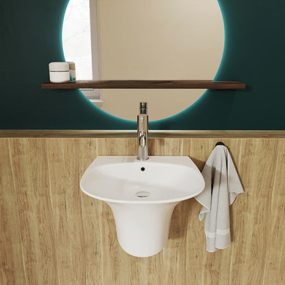 19" wall-mount bathroom sink in white ceramic, curved basin with single faucet hole and rear overflow.