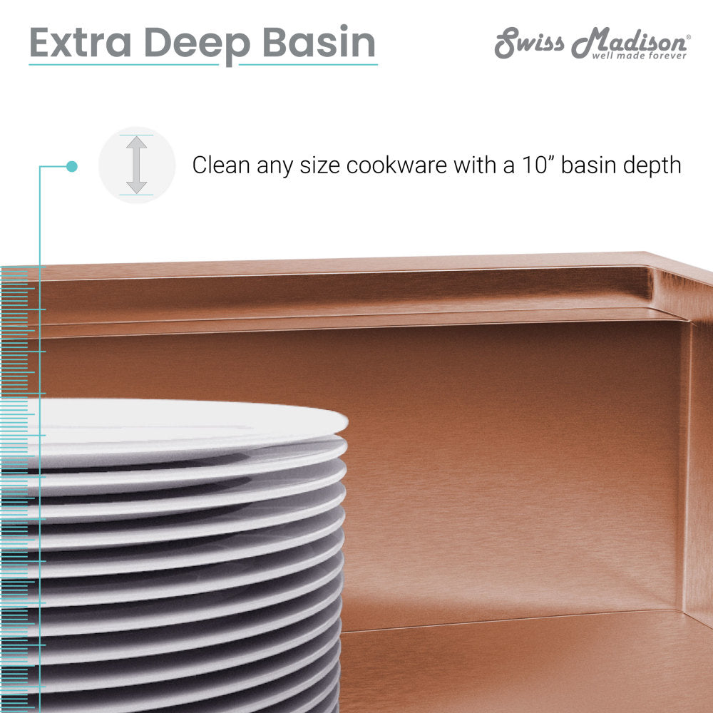 32" undermount kitchen sink in polished rose gold stainless steel, deep basin.