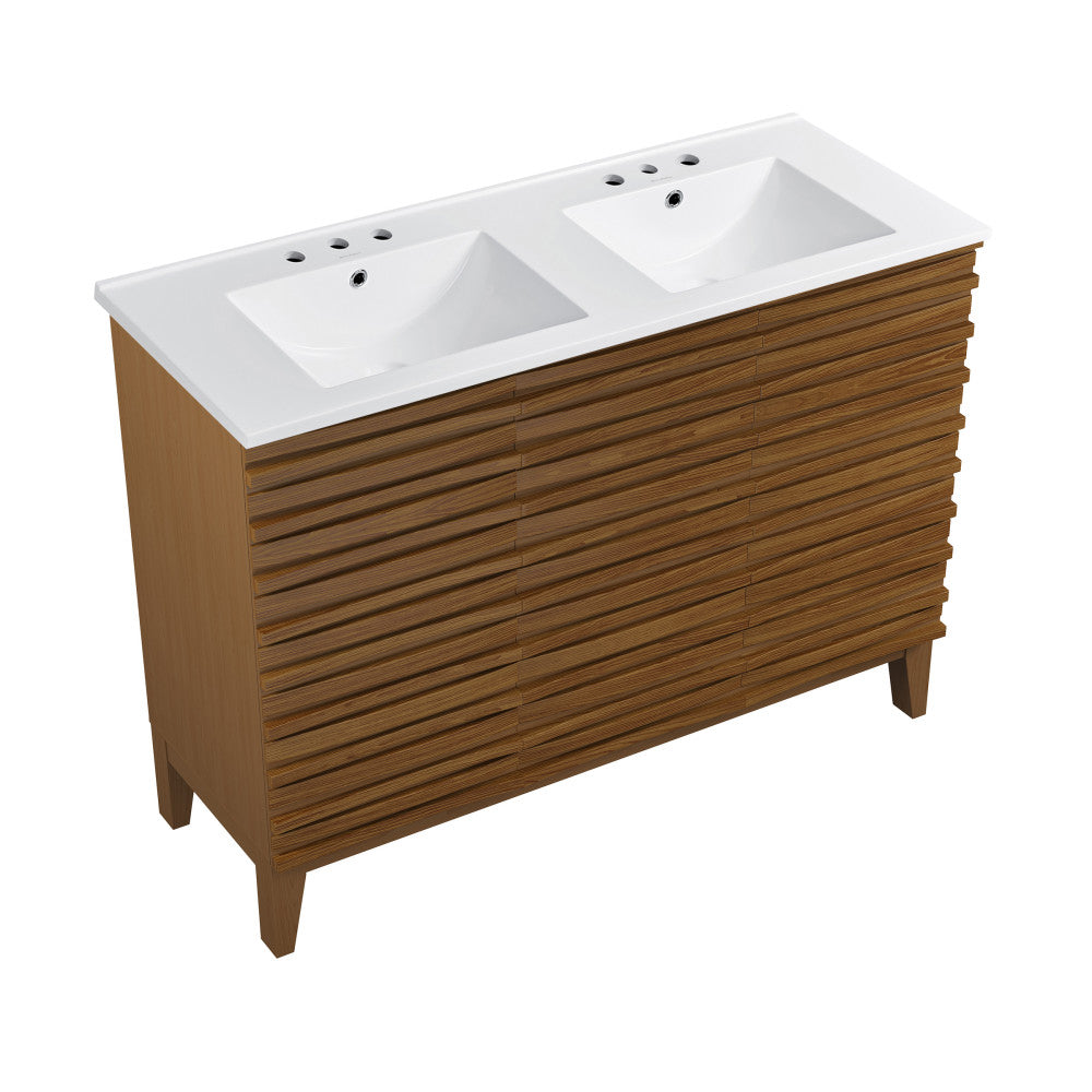 Cascade 48 in. Brown Oak, Double Basin Bathroom Vanity With White, 3-Hole Centerset Ceramic Sink Top