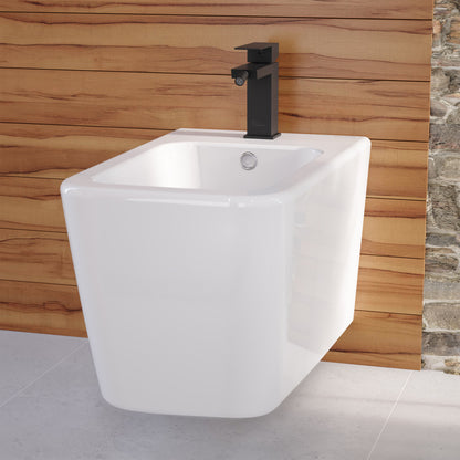 Wall-mounted bidet faucet in matte black, single handle.