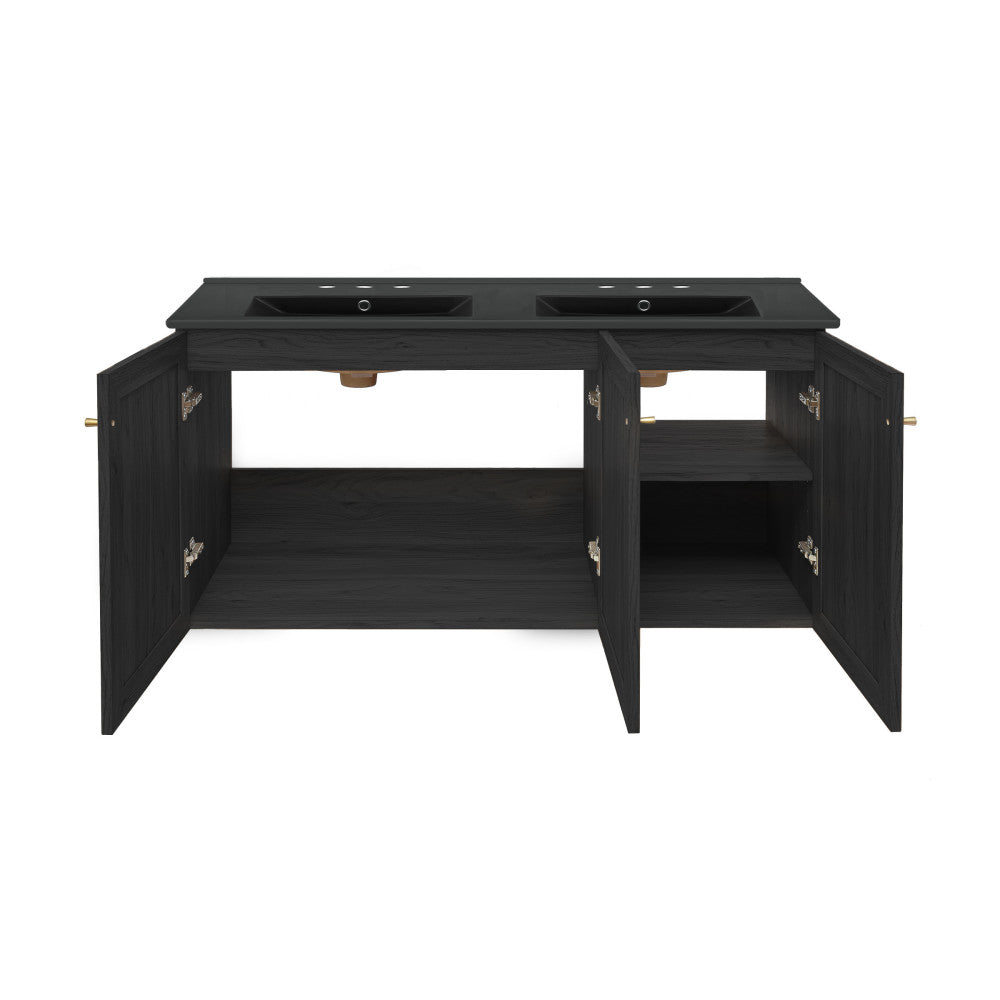 Classe 48" Wall-Mounted Bathroom Vanity in Black Oak with Black 3-Hole Centerset Double Basin Sink Top