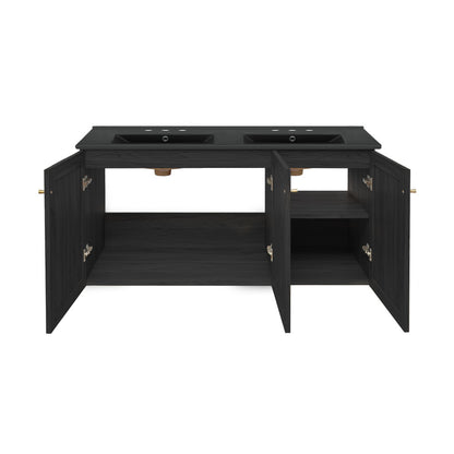 Classe 48" Wall-Mounted Bathroom Vanity in Black Oak with Black 3-Hole Centerset Double Basin Sink Top