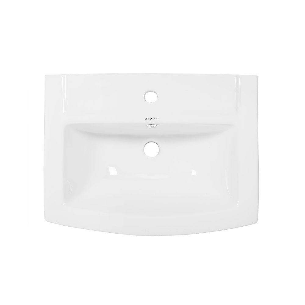 Glossy white two-piece rectangular ceramic pedestal sink with single faucet hole and overflow drain.