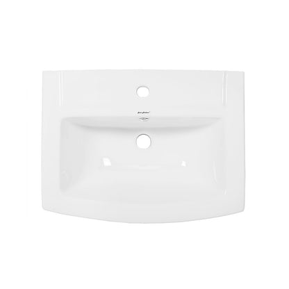 Glossy white two-piece rectangular ceramic pedestal sink with single faucet hole and overflow drain.