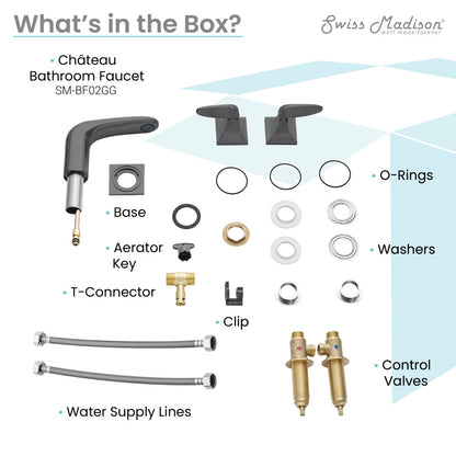 Widespread bathroom faucet in gunmetal gray, 2-handle design with curved spout and lever handles.