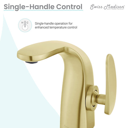 Single-handle bathroom faucet in brushed gold, curved spout with lever handle on the side.
