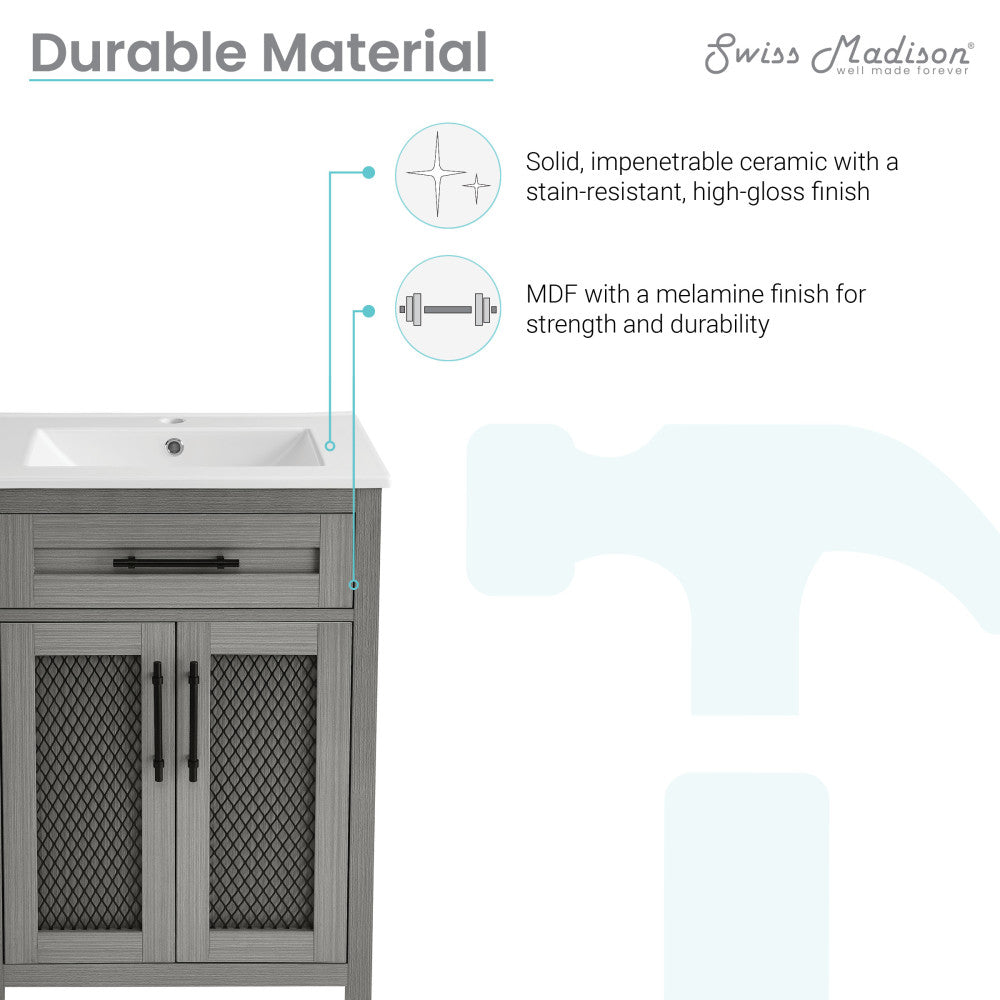 24-inch freestanding bathroom vanity in carbon gray, soft-close doors.