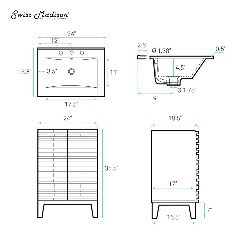 Cascade 24" Freestanding Bathroom Vanity in Green Oak with 3-Hole Widespread Sink Top