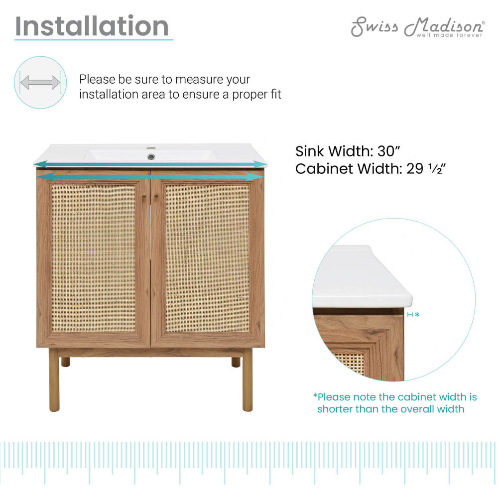 30-inch freestanding golden oak bathroom vanity with single sink and white countertop.
