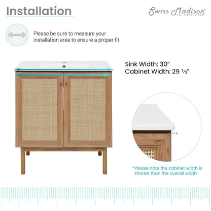 30-inch freestanding golden oak bathroom vanity with single sink and white countertop.