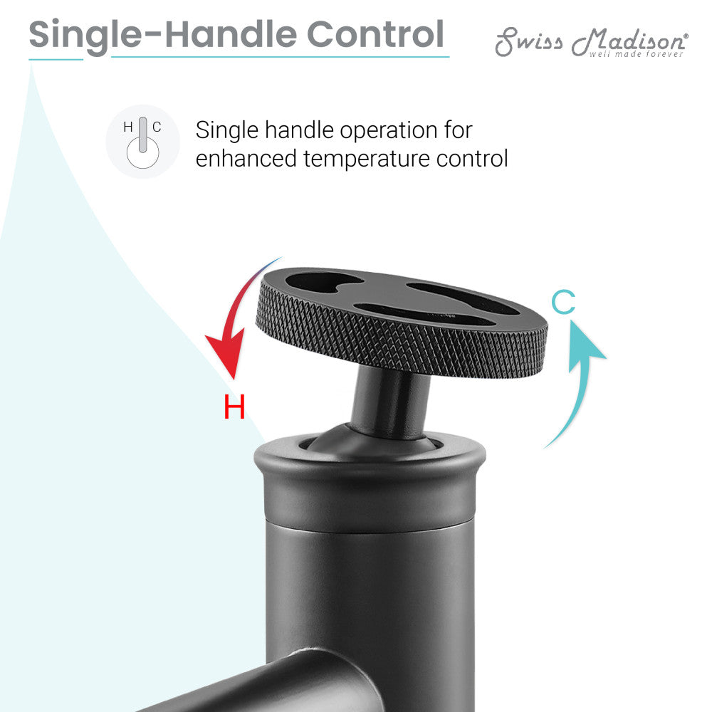 Single-handle bathroom faucet in matte black with textured wheel handle for temperature control.
