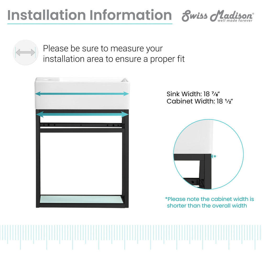 19.5-inch wall-mount metal frame bathroom vanity with open lower shelf, black finish.