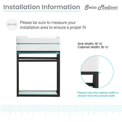 19.5-inch wall-mount metal frame bathroom vanity with open lower shelf, black finish.