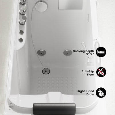 Auvergne 53" x 27" ADA Right Drain Walk-in Soaking Bathtub with Massage Jets in Glossy White, Faucet Set, Drain, Grab Bars, Pillow Included