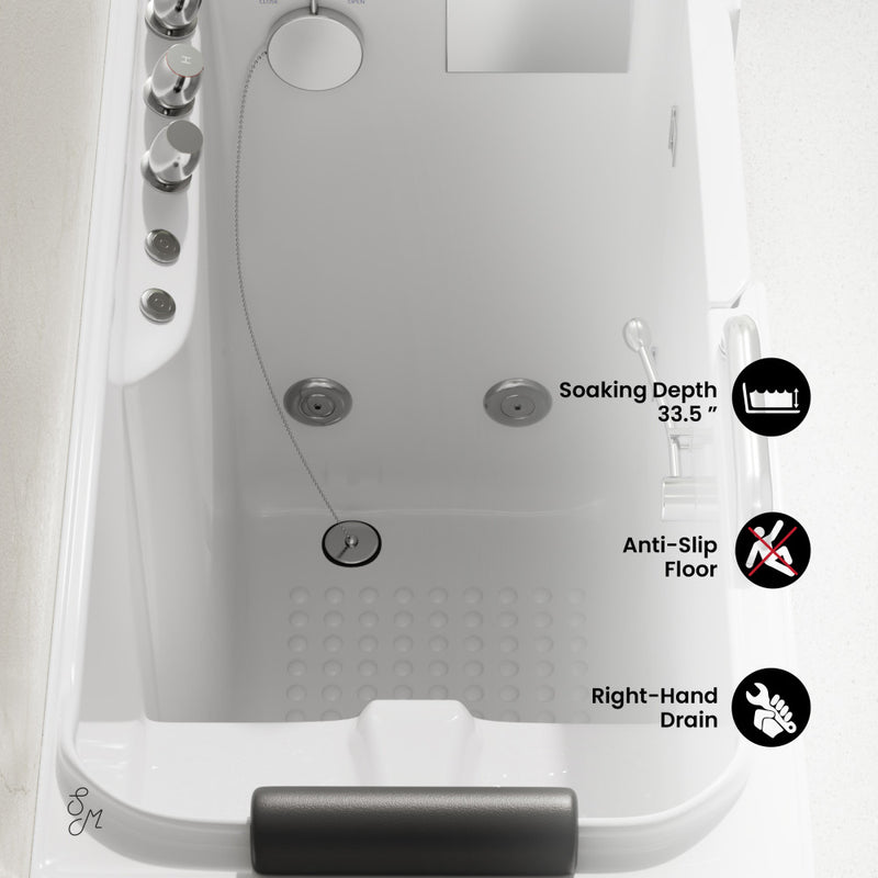 Auvergne 53" x 27" ADA Right Drain Walk-in Soaking Bathtub with Massage Jets in Glossy White, Faucet Set, Drain, Grab Bars, Pillow Included