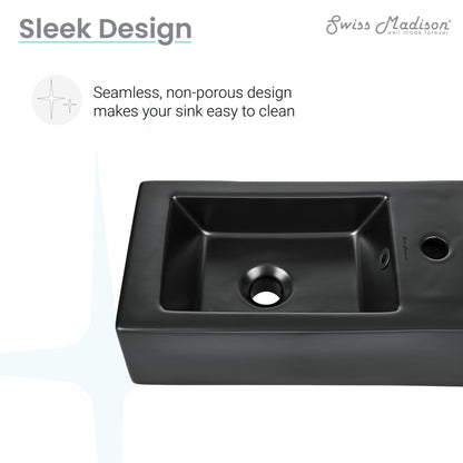 Rectangular matte black ceramic wall-hung sink with right side faucet mount, 19.5 x 10 inches.