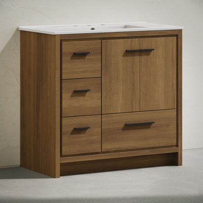 Virage 36" Freestanding Bathroom Vanity in Brown Oak with 3-Hole Widespread Sink Top