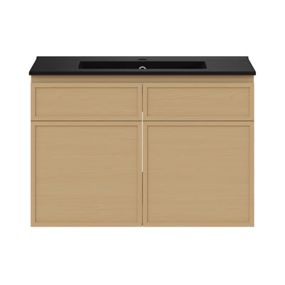 St. Tropez 30" Wall-Mounted Bathroom Vanity in Natural Oak with Black Sink Top