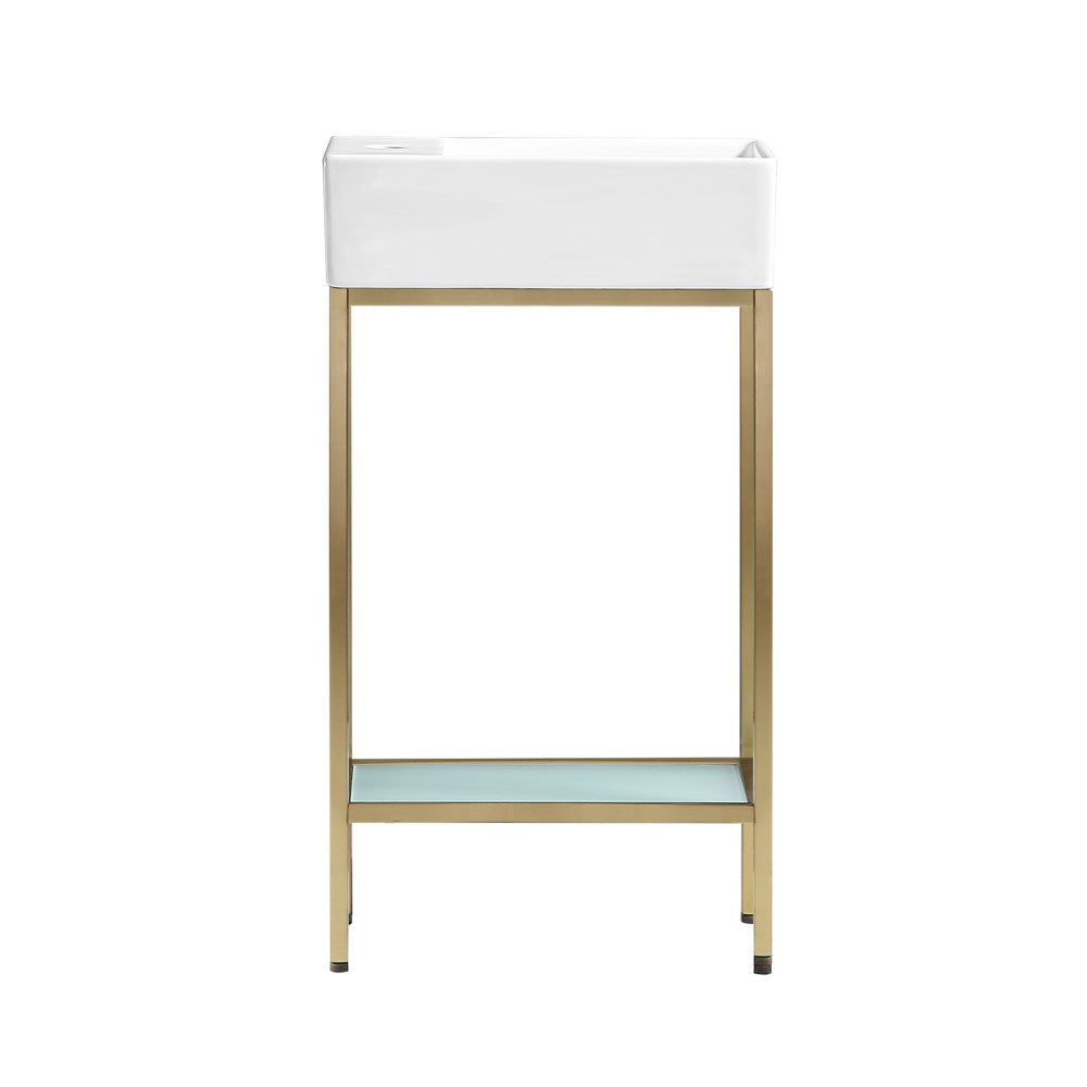 19.5-inch freestanding bathroom vanity with gold metal frame, single white sink, and open lower shelf.