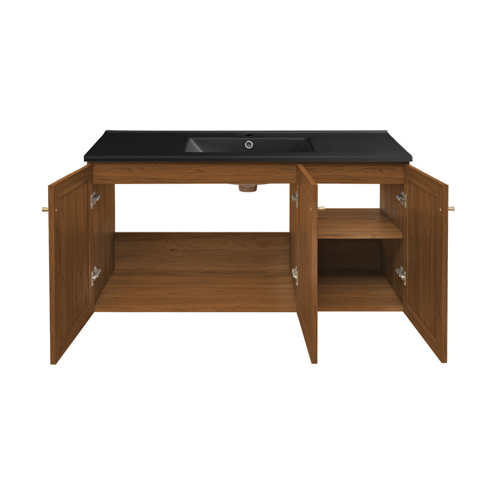 Classe 48" Wall-Mounted Bathroom Vanity in Brown Oak with Black Sink Top