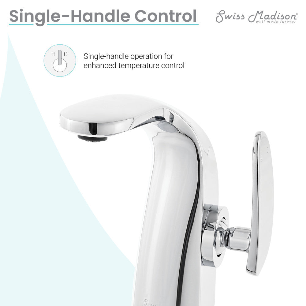 Single-handle bathroom faucet in chrome, sleek curved spout and lever handle design.