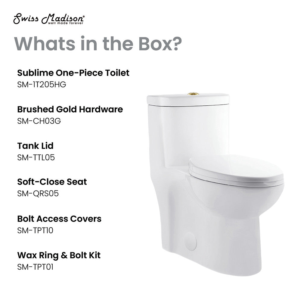 Elongated one-piece toilet with dual flush and brushed gold hardware.