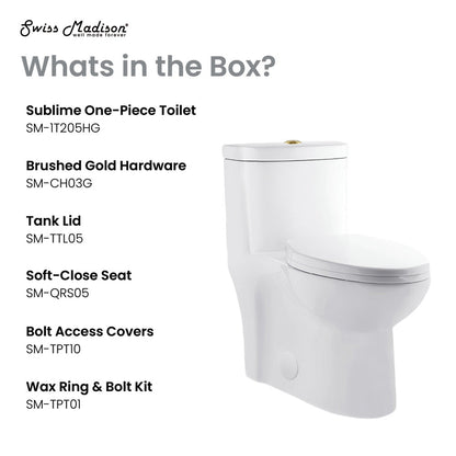 Elongated one-piece toilet with dual flush and brushed gold hardware.