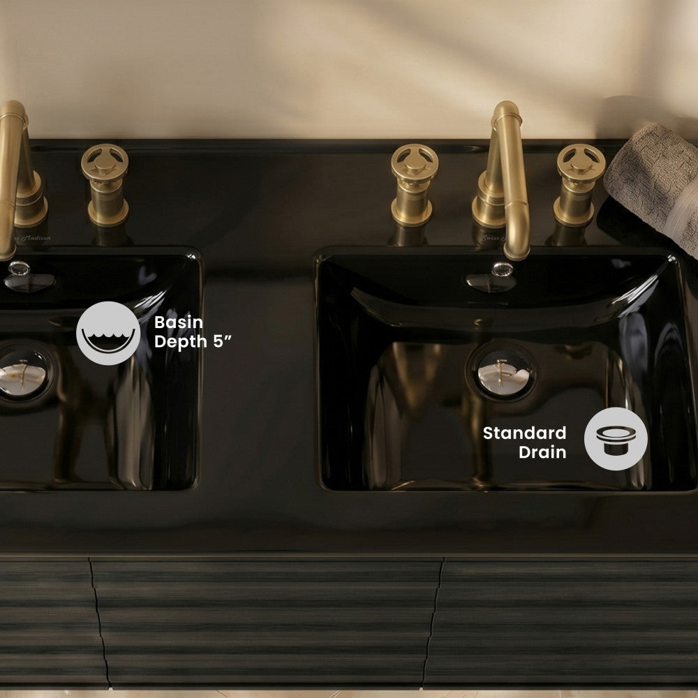 48" 3-Hole Widespread Double Basin Vanity Sink Top in Glossy Black