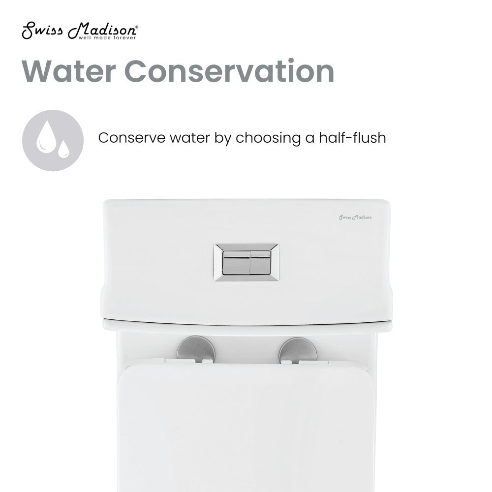 Elongated one-piece square toilet in glossy white, dual top flush, 12" rough-in, 1.1/1.6 GPF.