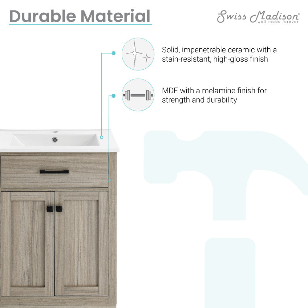24-inch freestanding bathroom vanity in weathered oak with single sink and cabinet storage.
