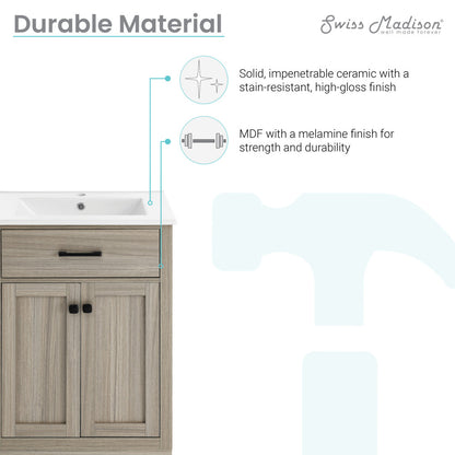 24-inch freestanding bathroom vanity in weathered oak with single sink and cabinet storage.