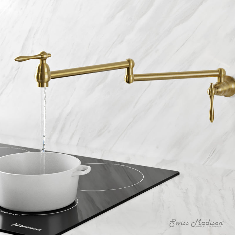 Plaisir Retractable Wall Mount Pot Filler Faucet in Brushed Gold