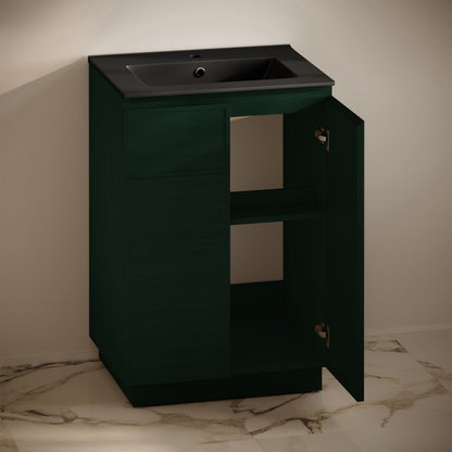 St. Tropez 24" Freestanding Bathroom Vanity in Green Oak with Black Sink Top