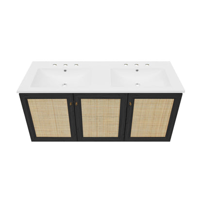 Classe 48" Wall-Mounted Bathroom Vanity in Black Oak with 3-Hole Centerset Double Basin Sink Top