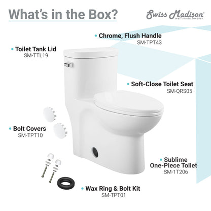Elongated one-piece toilet with left side chrome flush handle and soft-close seat, 1.28 gpf.