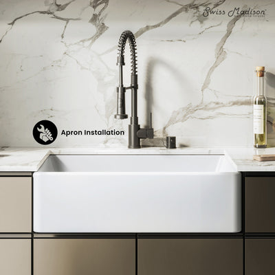 Elegance 30" x 20" Single Basin Fireclay Farmhouse Kitchen Sink in Glossy White with Stainless Steel Grid