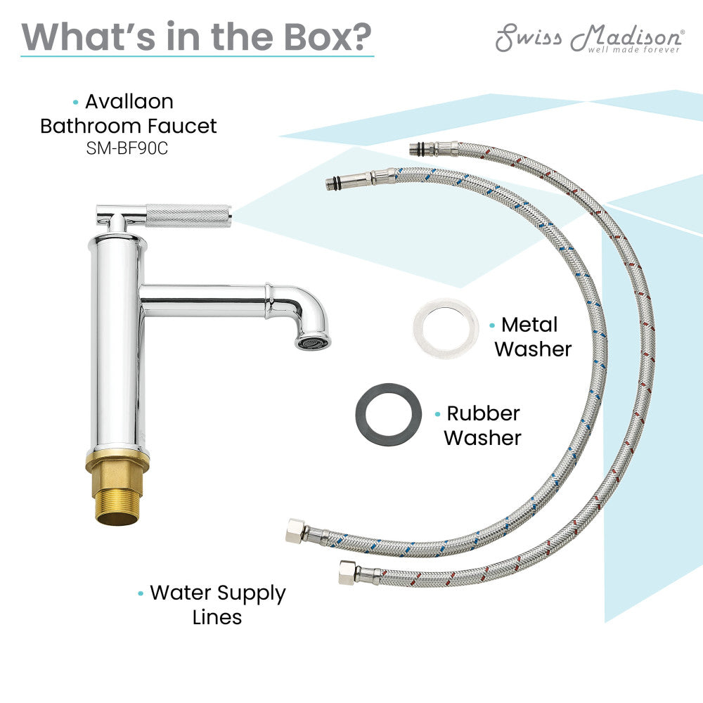 Single-handle bathroom faucet in chrome, sleek cylindrical design with curved spout and metal washers included.