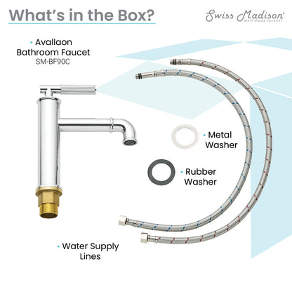 Single-handle bathroom faucet in chrome, sleek cylindrical design with curved spout and metal washers included.