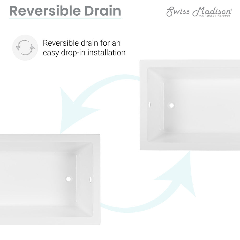 Drop-in bathtub 66 inch, reversible drain, rectangular white acrylic design.