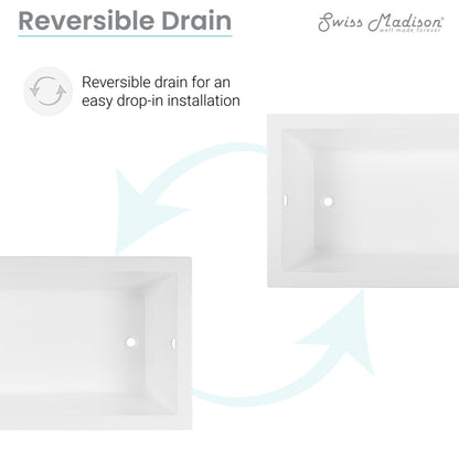Drop-in bathtub 66 inch, reversible drain, rectangular white acrylic design.