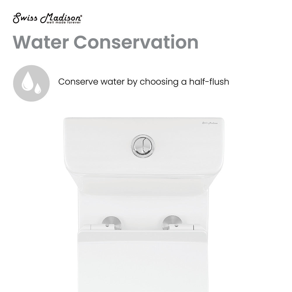 Elongated two-piece toilet with dual-flush system, rear outlet, white ceramic finish.