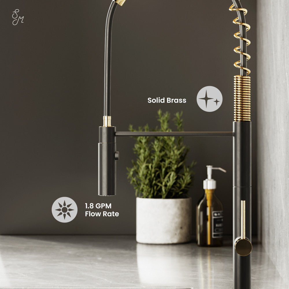 Chalet Single Handle, Pull-Down Kitchen Faucet in Brushed Gold and Black