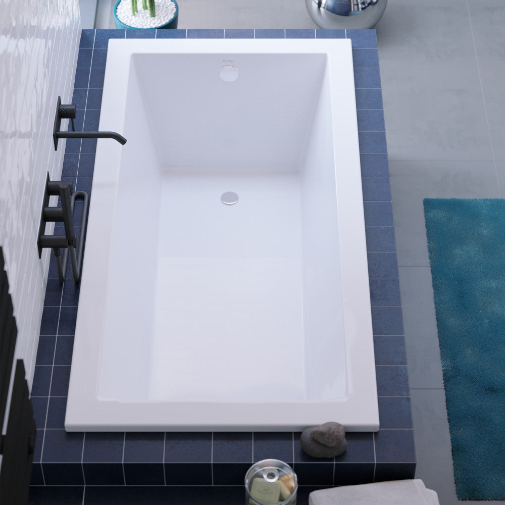 Drop-in rectangular bathtub 66 x 36 inch, reversible drain, white acrylic finish.