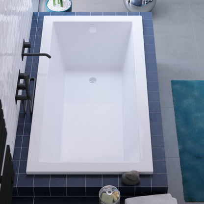 Drop-in rectangular bathtub 66 x 36 inch, reversible drain, white acrylic finish.