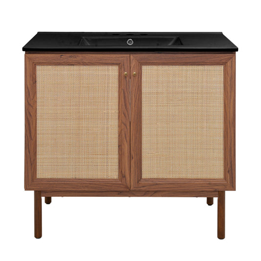 Classe 36" Freestanding Bathroom Vanity in Brown Oak with Black 3-Hole Widespread Sink Top