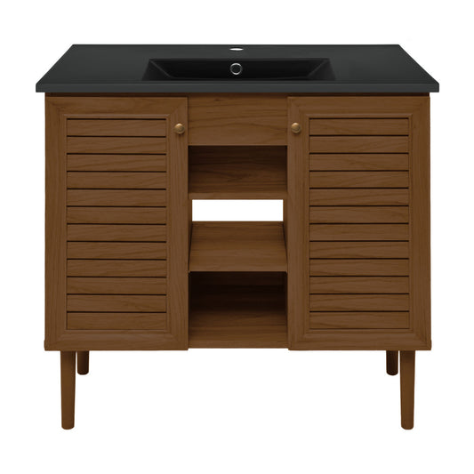 Bron 36" Freestanding Bathroom Vanity in Brown Oak with Black Sink Top