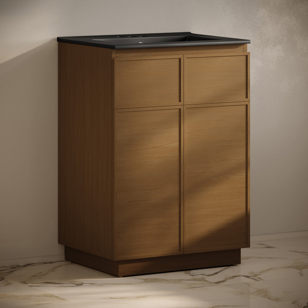 St. Tropez 24" Freestanding Bathroom Vanity in Brown Oak with Black 3-Hole Centerset Sink Top