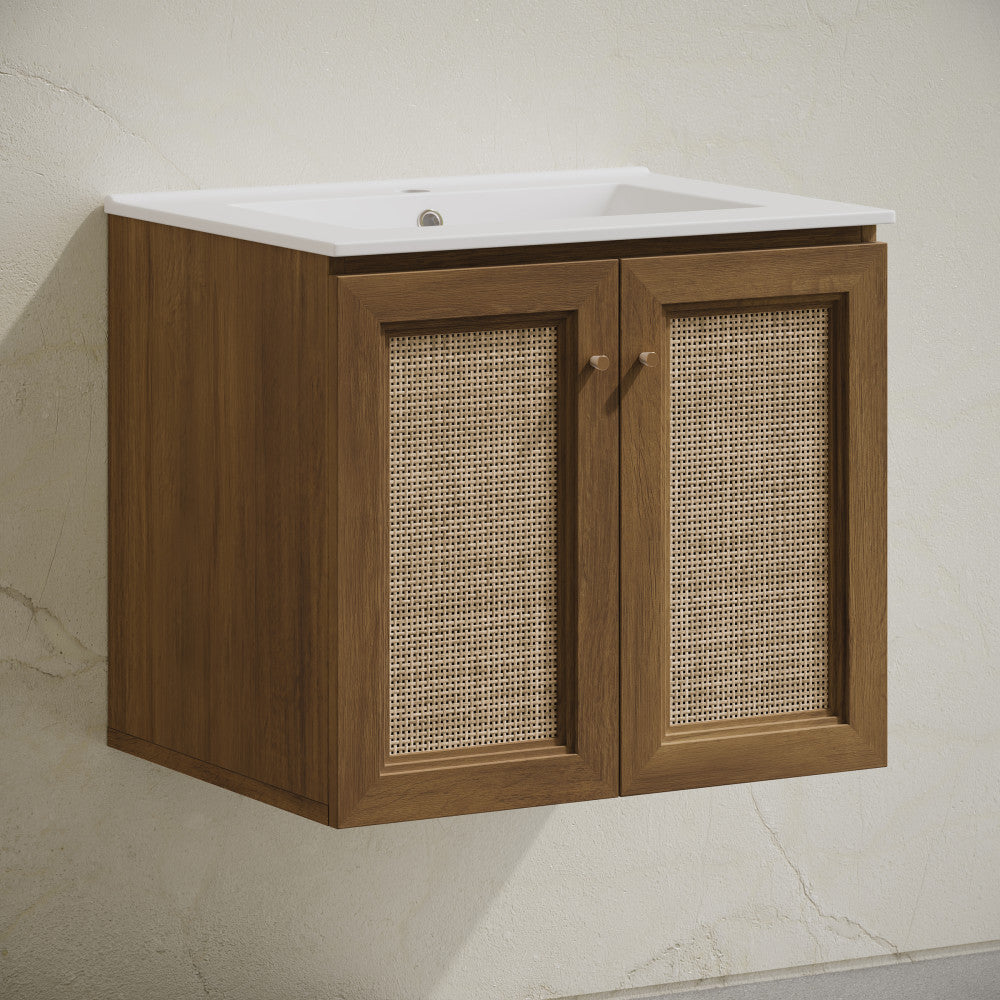Classe 24" Wall-Mounted Bathroom Vanity in Brown Oak with Single Faucet Hole Vanity Top
